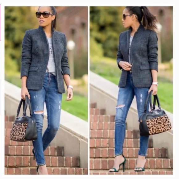 J. Crew Sz 4 Regent Houndstooth Wool Blue Green Blazer - Picture 1 of 10